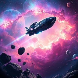 A breathtaking digital art scene depicting space exploration, showcasing a futuristic spacecraft soaring through a colorful nebula filled with vibrant cosmic colors like deep blues, purples, and radiant pinks