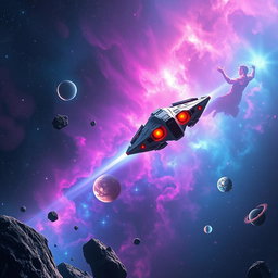 A breathtaking digital art scene depicting space exploration, showcasing a futuristic spacecraft soaring through a colorful nebula filled with vibrant cosmic colors like deep blues, purples, and radiant pinks