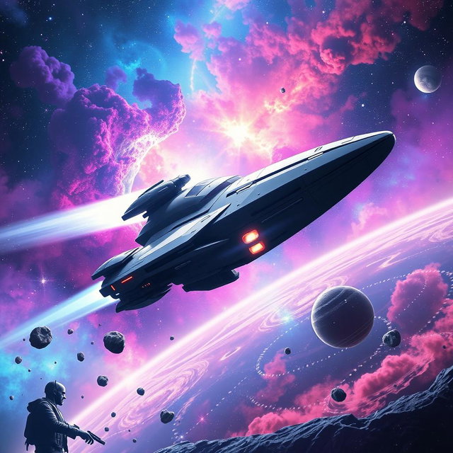 A breathtaking digital art scene depicting space exploration, showcasing a futuristic spacecraft soaring through a colorful nebula filled with vibrant cosmic colors like deep blues, purples, and radiant pinks