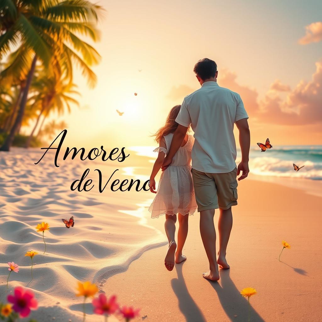 A romantic summer scene featuring the phrase 'Amores de Verano' elegantly integrated into the image