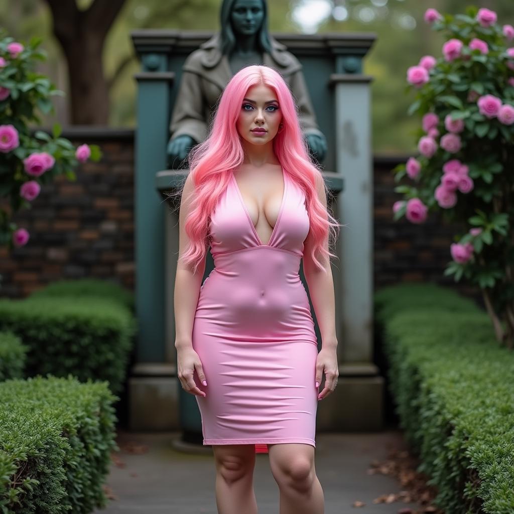 A full-length image of a beautiful, statuesque BBW (Big Beautiful Woman) with delightful cotton-candy pink hair cascading down her shoulders