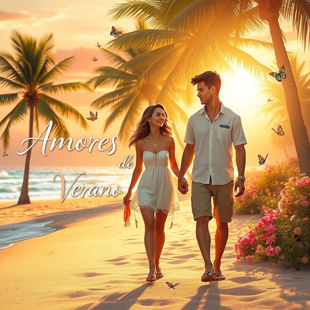 A romantic summer scene featuring the phrase 'Amores de Verano' elegantly integrated into the image