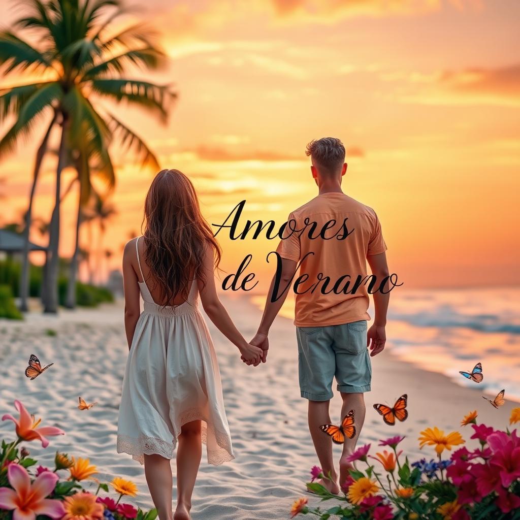 A romantic summer scene featuring the phrase 'Amores de Verano' elegantly integrated into the image