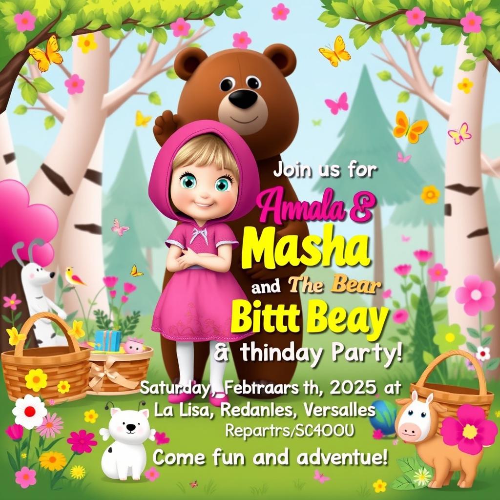 A delightful birthday invitation card themed around Masha and the Bear