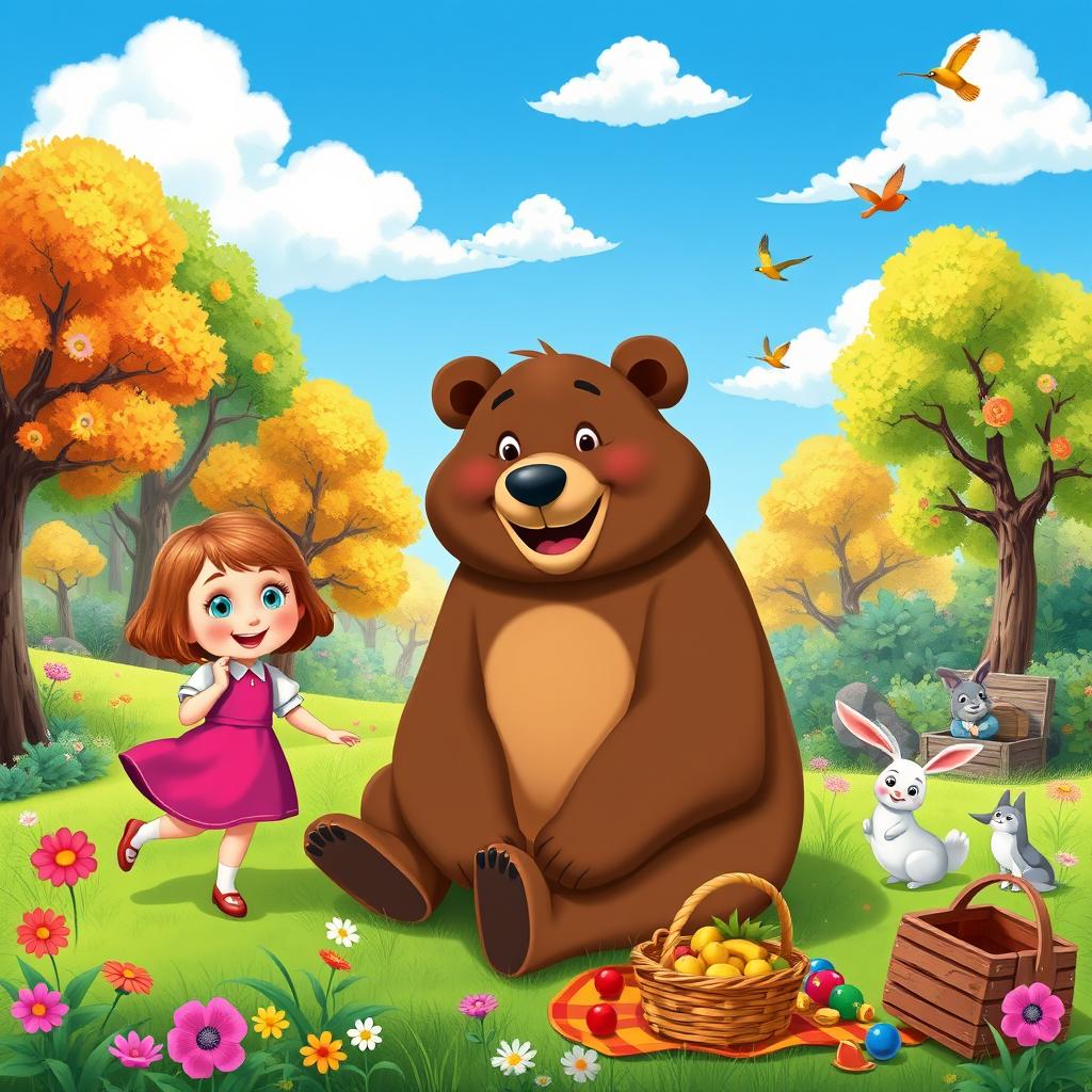 A playful and colorful illustration of Masha and the Bear in a forest setting