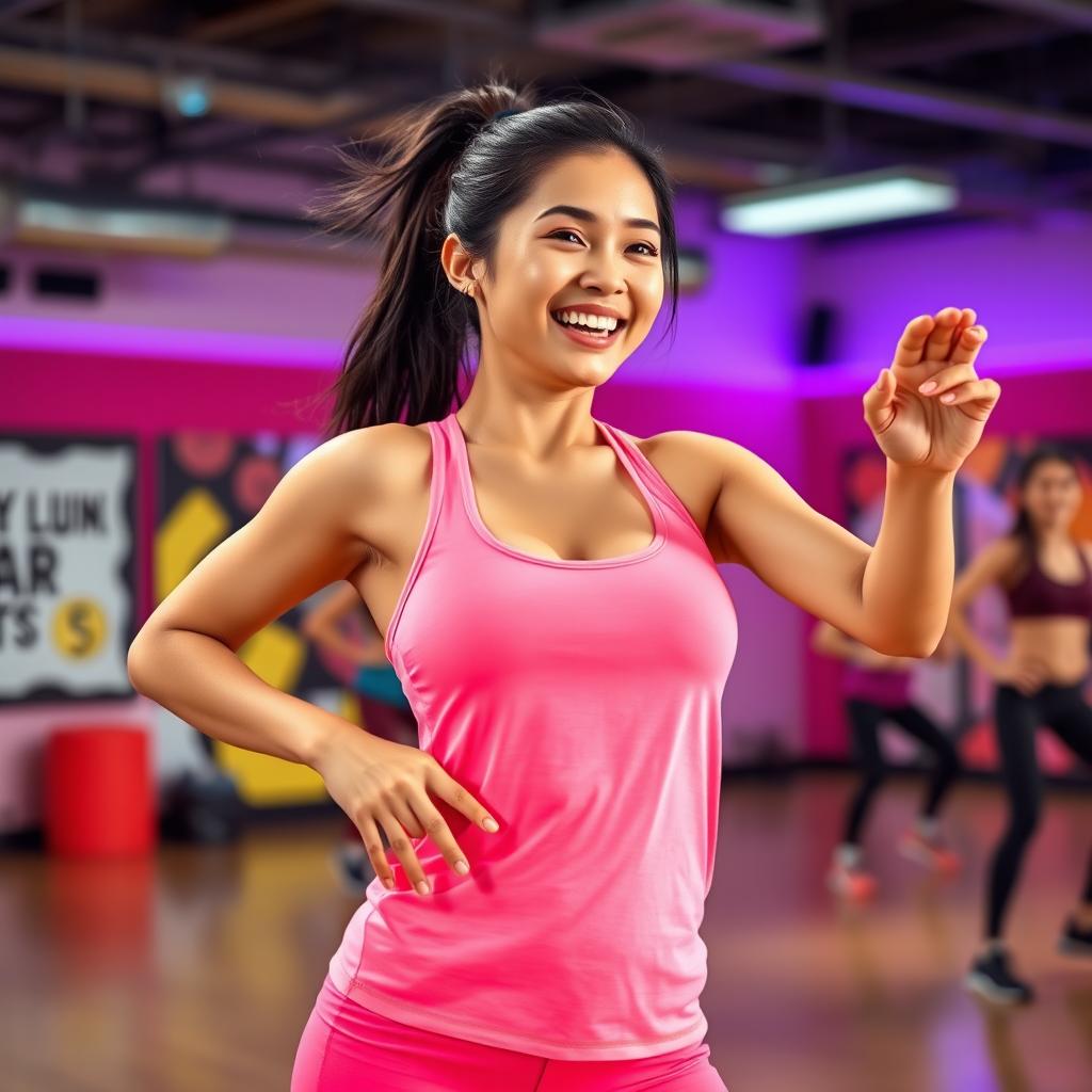 An energetic Asian woman practicing Zumba, wearing vibrant pink workout clothes