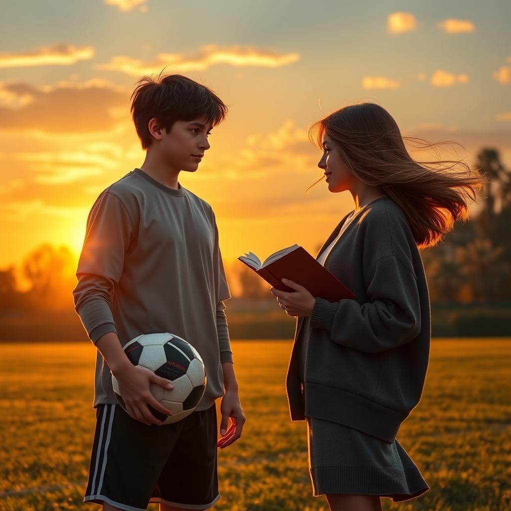 A picturesque sunset over a golden-lit soccer field
