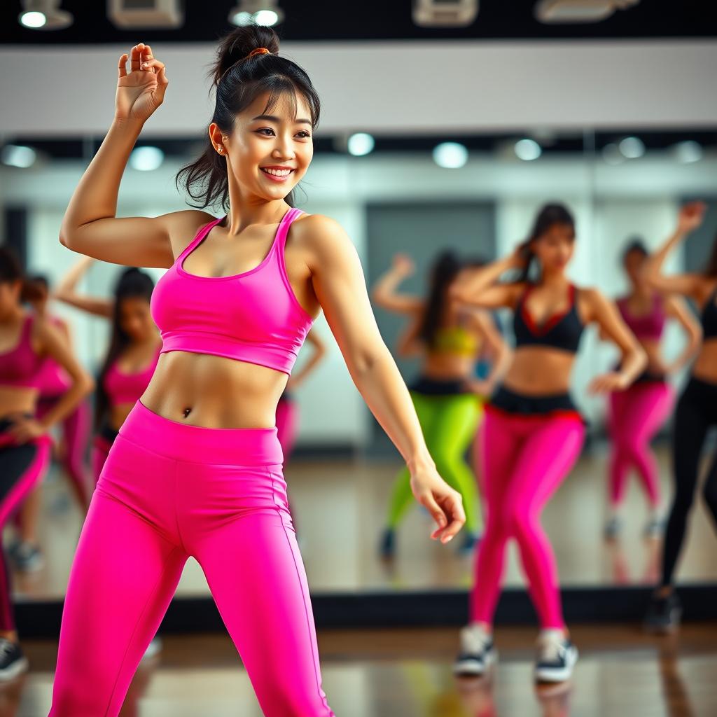 A Korean Zumba dancer in vibrant pink workout clothes, showcasing a fit and toned body while performing energetic Zumba dance moves