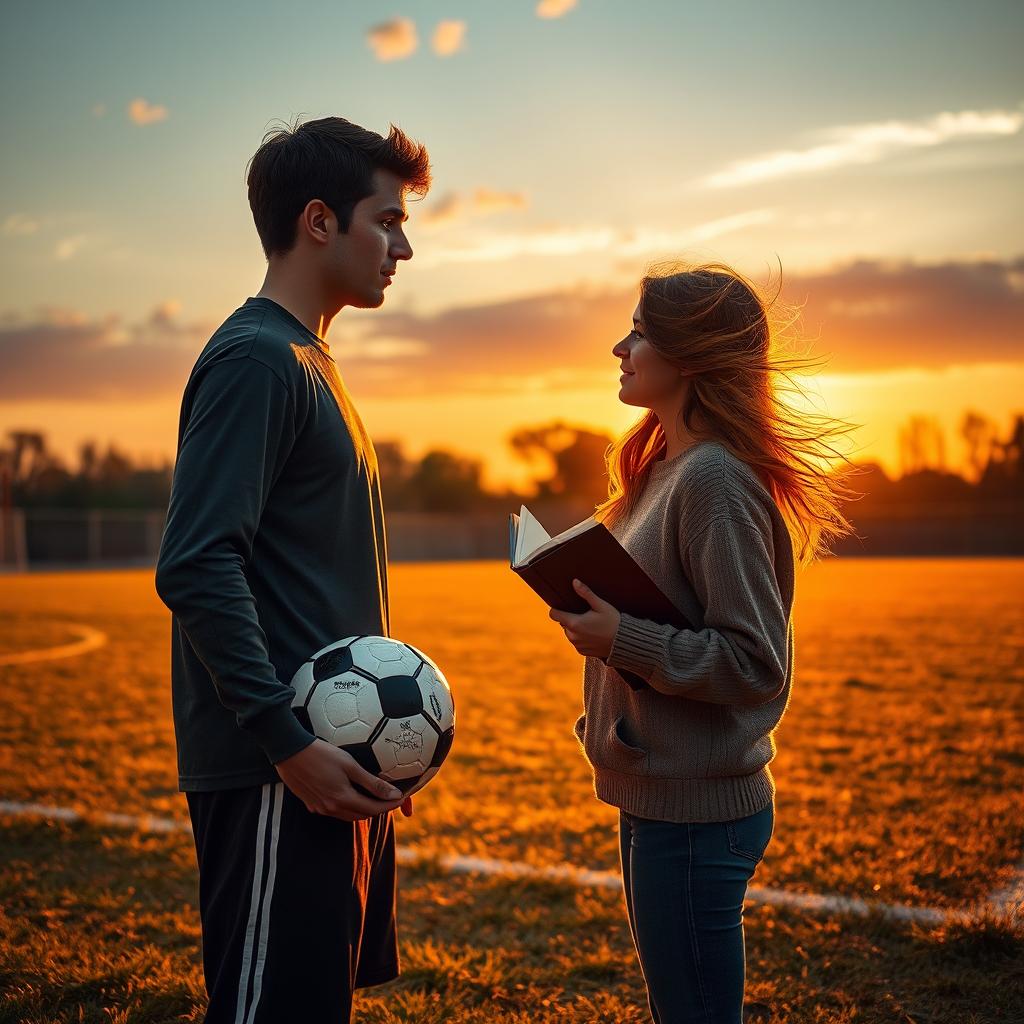 A picturesque sunset over a golden-lit soccer field