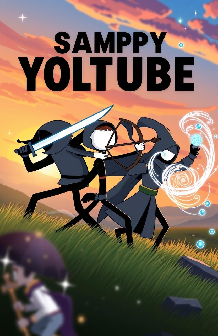 A dynamic and action-packed YouTube cover photo featuring three distinct stickman characters: a swordsman holding a gleaming sword in a powerful stance, a marksman with a bow and arrow, poised and ready to shoot, and a mage casting a spell with swirling magical energy around them