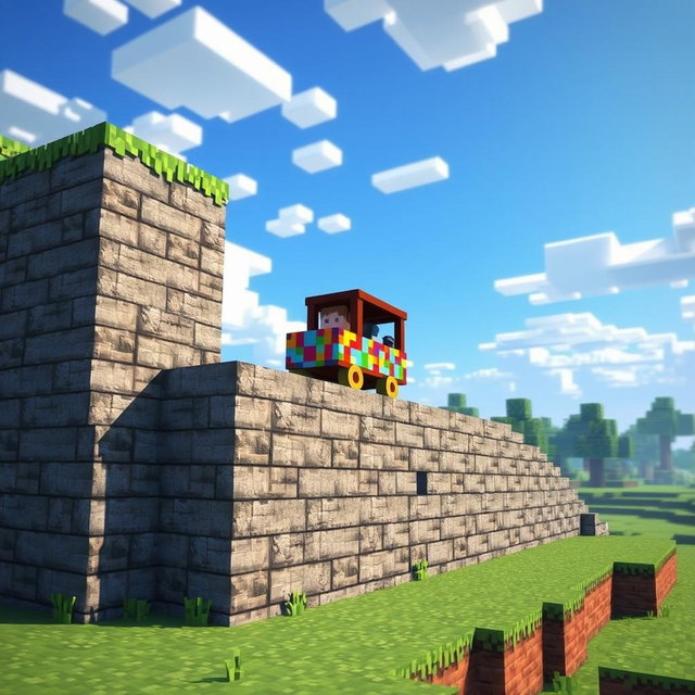 A Minecraft-style scene featuring a vibrant, blocky minecart racing over a large stonebrick wall