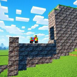 A Minecraft-style scene featuring a vibrant, blocky minecart racing over a large stonebrick wall