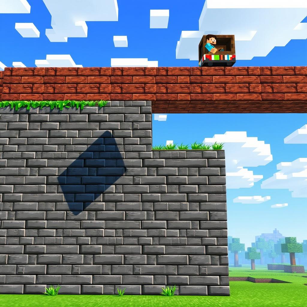 A Minecraft-style scene featuring a vibrant, blocky minecart racing over a large stonebrick wall