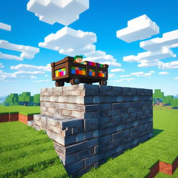 A Minecraft-style scene featuring a vibrant, blocky minecart racing over a large stonebrick wall