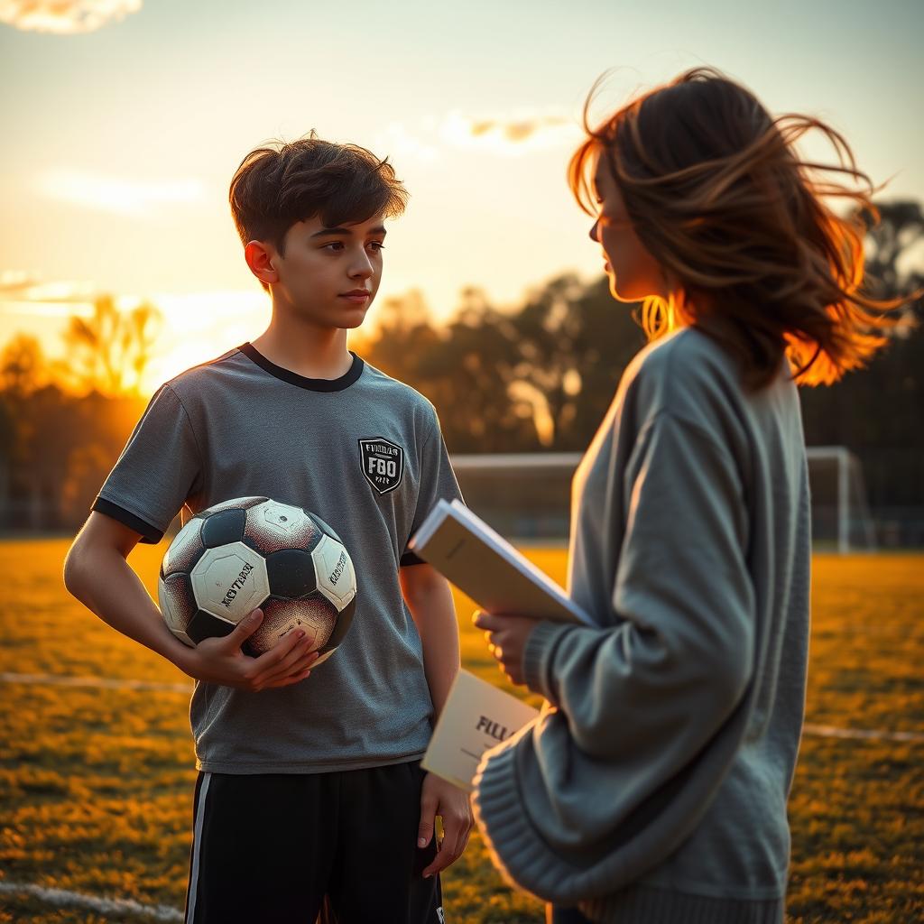 A picturesque sunset over a golden-lit soccer field