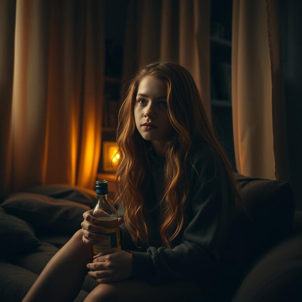 A young adult girl with long, wavy, ginger hair sitting in a cozy corner of a dimly lit room