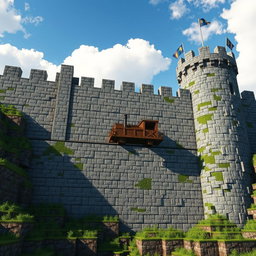 A realistic, medieval-style Minecraft scene featuring a massive stonebrick wall, towering overhead
