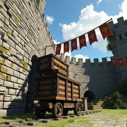 A realistic, medieval-style Minecraft scene featuring a massive stonebrick wall, towering overhead