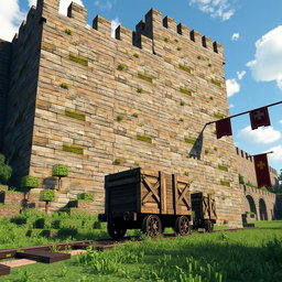 A realistic, medieval-style Minecraft scene featuring a massive stonebrick wall, towering overhead