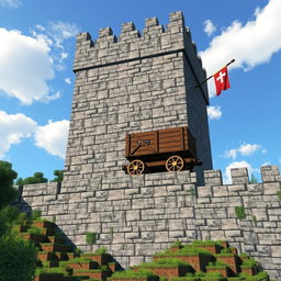 A realistic, medieval-style Minecraft scene featuring a massive stonebrick wall, towering overhead