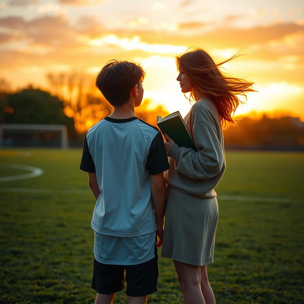 A picturesque sunset over a golden-lit soccer field