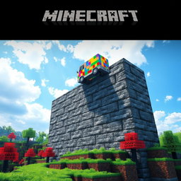 A dynamic Minecraft-inspired scene showcasing a vibrant minecart soaring over a massive stonebrick wall