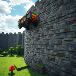 A dynamic Minecraft-inspired scene showcasing a vibrant minecart soaring over a massive stonebrick wall