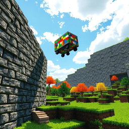 A dynamic Minecraft-inspired scene showcasing a vibrant minecart soaring over a massive stonebrick wall