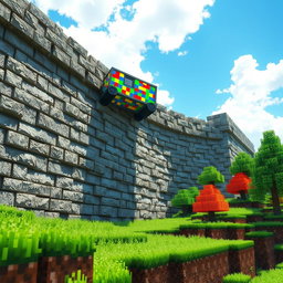 A dynamic Minecraft-inspired scene showcasing a vibrant minecart soaring over a massive stonebrick wall