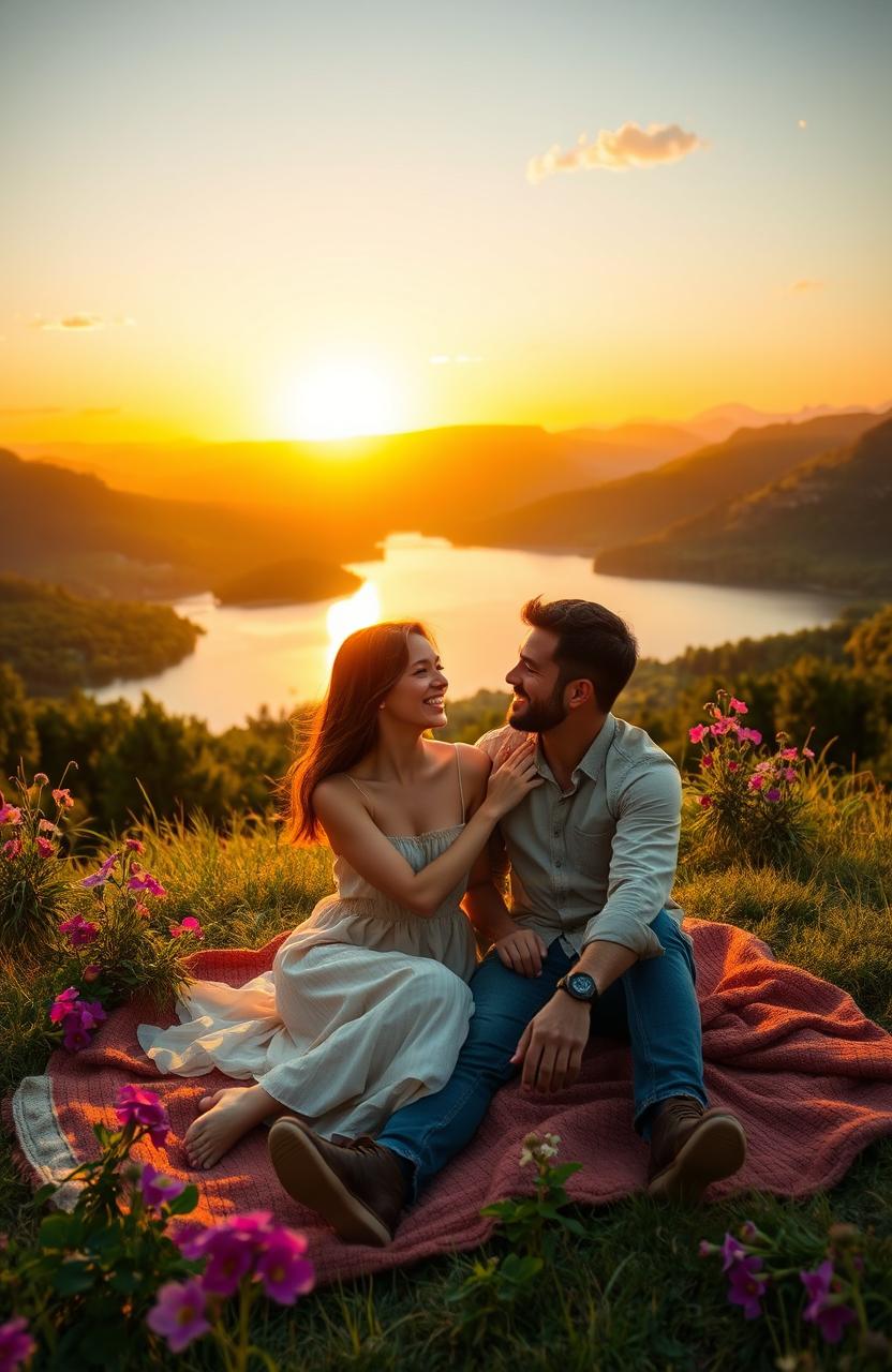 A serene and picturesque landscape illustrating the feeling of falling in love, featuring a beautiful sunset casting warm golden light over a tranquil lake, surrounded by lush green hills