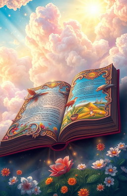A vibrant and colorful depiction of the Book of Life, featuring intricate details such as swirling patterns, blooming flowers, and glowing lights