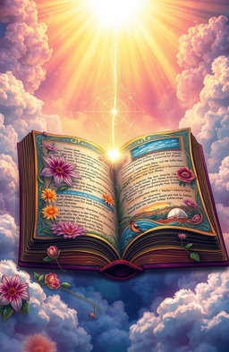 A vibrant and colorful depiction of the Book of Life, featuring intricate details such as swirling patterns, blooming flowers, and glowing lights