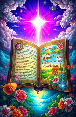 A vibrant and colorful depiction of the Book of Life, featuring intricate details such as swirling patterns, blooming flowers, and glowing lights