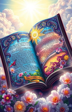 A vibrant and colorful depiction of the Book of Life, featuring intricate details such as swirling patterns, blooming flowers, and glowing lights