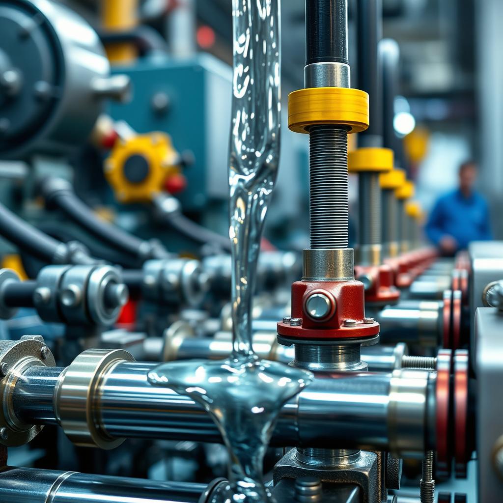 A close-up view of a hydraulic system in action, showcasing the intricate details of hydraulic cylinders, hoses, and fluid movement
