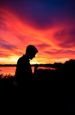 A romantic and dramatic scene, depicting the shadows of a couple beneath a vibrant sunset sky, with warm hues of orange, pink, and purple blending together