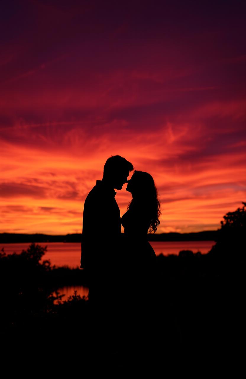 A romantic and dramatic scene, depicting the shadows of a couple beneath a vibrant sunset sky, with warm hues of orange, pink, and purple blending together