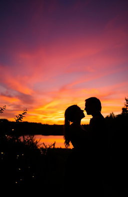 A romantic and dramatic scene, depicting the shadows of a couple beneath a vibrant sunset sky, with warm hues of orange, pink, and purple blending together