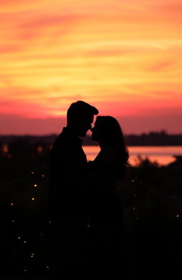 A romantic and dramatic scene, depicting the shadows of a couple beneath a vibrant sunset sky, with warm hues of orange, pink, and purple blending together
