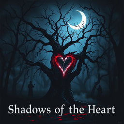 A dark and eerie scene titled 'Shadows of the Heart,' set in a haunted forest under a crescent moon