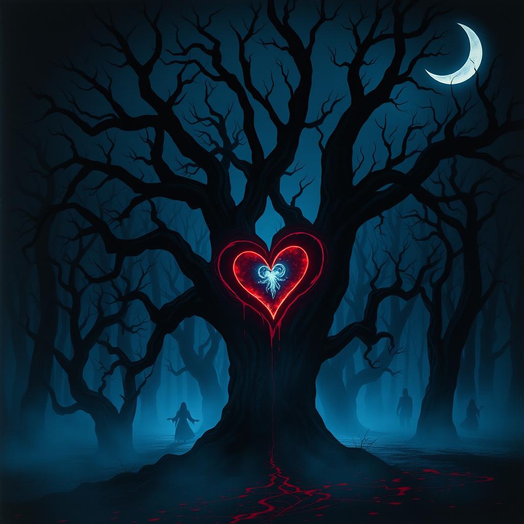 A dark and eerie scene titled 'Shadows of the Heart,' set in a haunted forest under a crescent moon