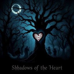 A dark and eerie scene titled 'Shadows of the Heart,' set in a haunted forest under a crescent moon