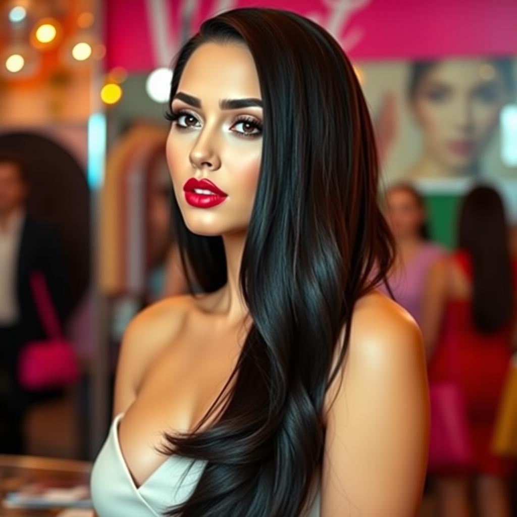 A stunning woman with long black hair, beautifully styled and dressed elegantly