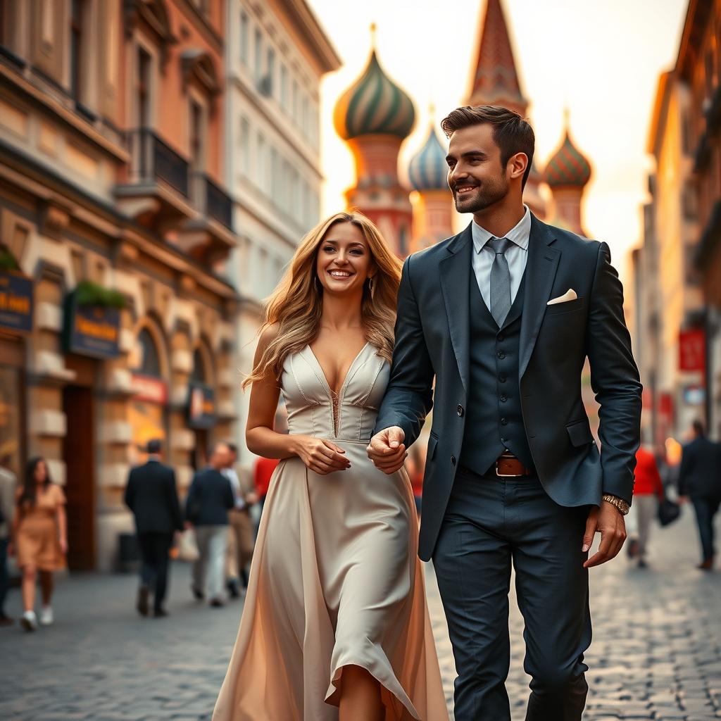 A romantic scene depicting a gentleman in a tailored suit holding the hand of a beautiful lady in an elegant dress as they stroll through the lively streets of Moscow