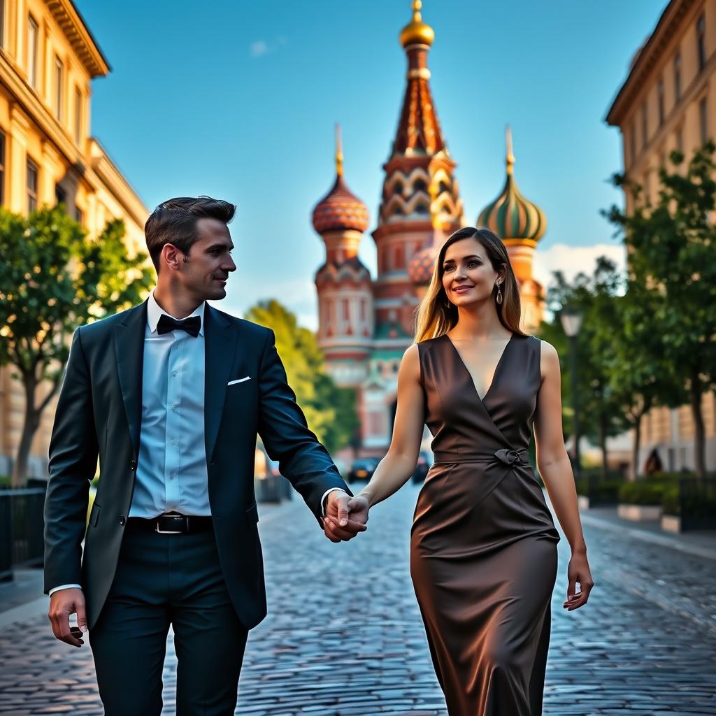 A refined gentleman in a tailored suit holding the hand of an elegant lady in a stylish dress as they stroll through the picturesque streets of Moscow