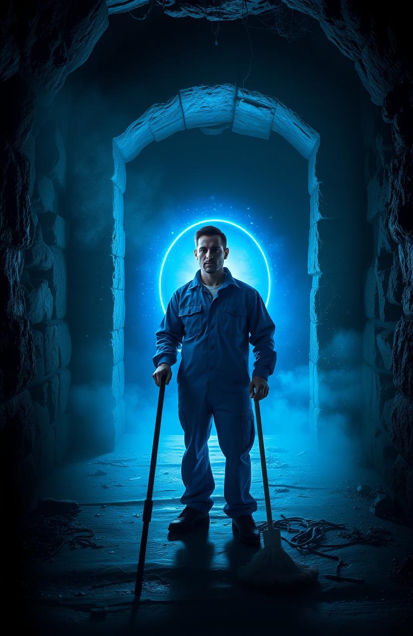 A janitor standing in front of a glowing blue portal in a dark, eerie room filled with shadows and mysterious shapes