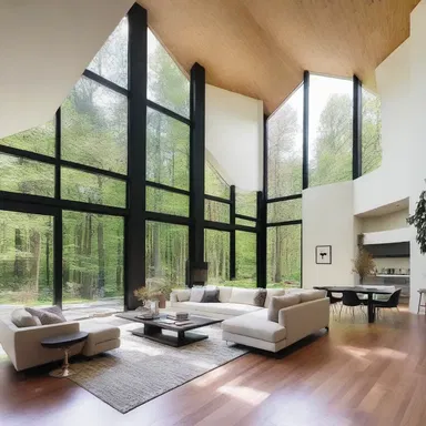 The modern house had an airy open floor plan with large windows and high ceilings.