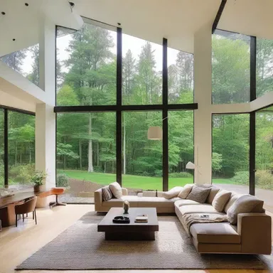 The modern house had an airy open floor plan with large windows and high ceilings.