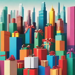 A vibrant cityscape where all the towering skyscrapers are ingeniously constructed out of stacked Christmas presents.