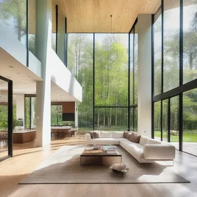 The modern house had an airy open floor plan with large windows and high ceilings.